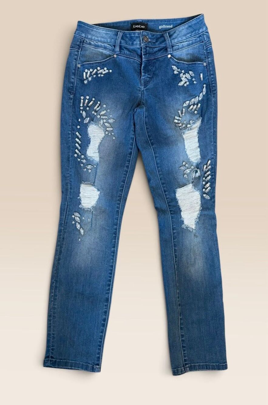 Bebe Girlfriend Jeans Size 26 Rhinestone Crystal Embellished Distressed Medium W